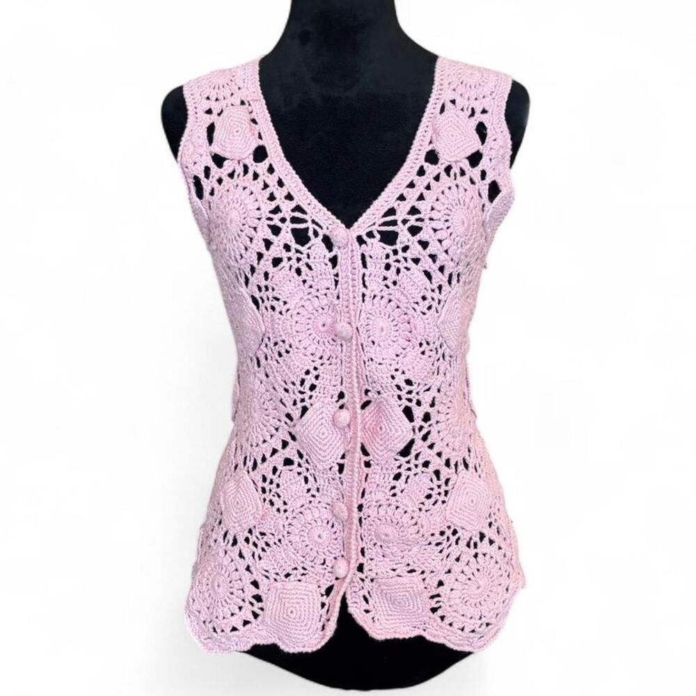 Y2K fitted pink crochet vest – boho floral knit top L-XXL
